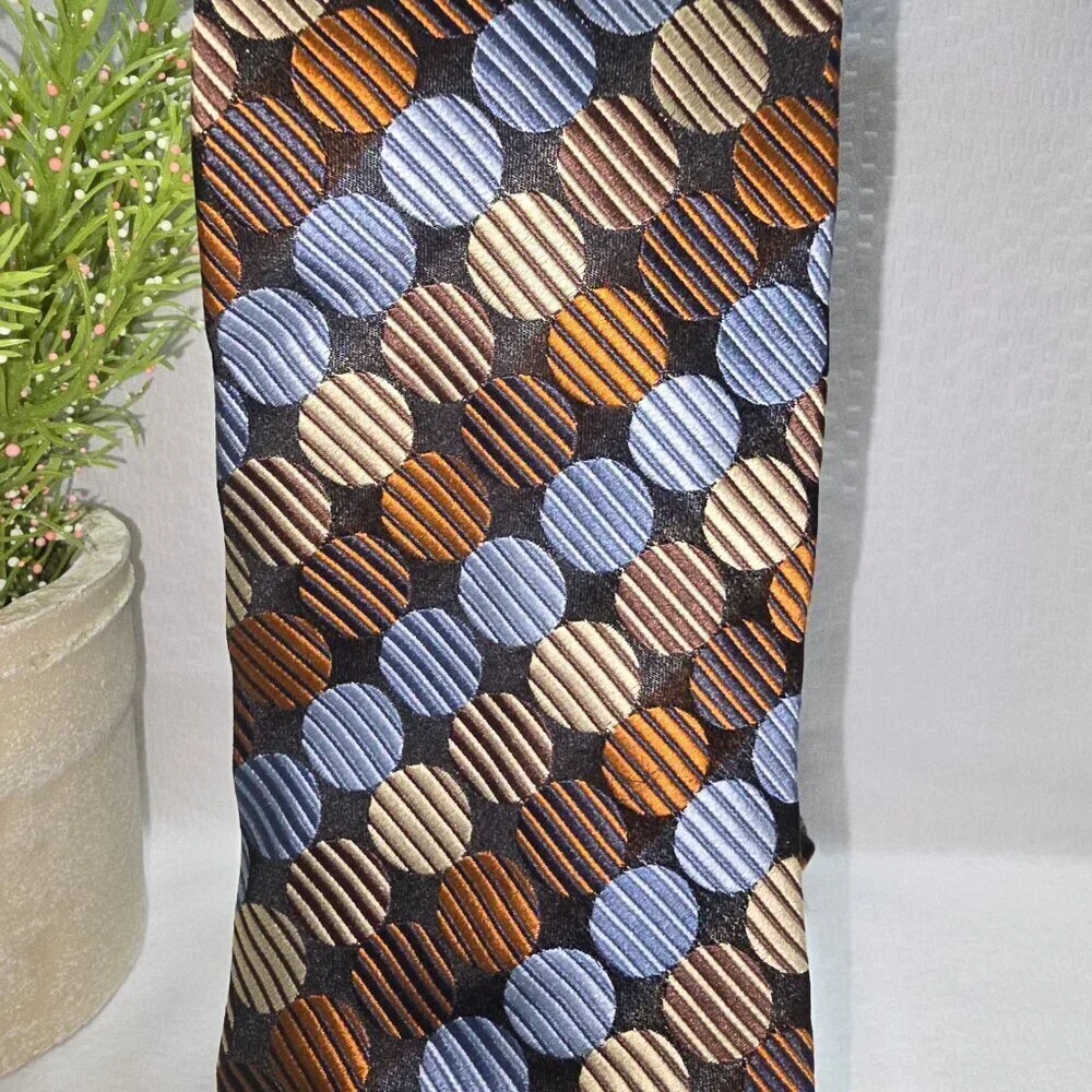 GIORGIO BRUTINI 100% SILK TIE BROWN BRONZE CREAM AND BLUE POLKA DOT EUC